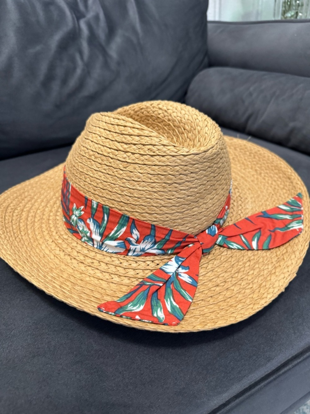 Tan Straw Sun Hat Tropical Floral Band Wide Brim Beach Resort Vacation
